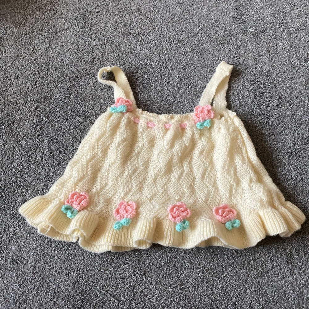Crochet cream flare crop top with Pink Floral Rose Accents and Ruffles